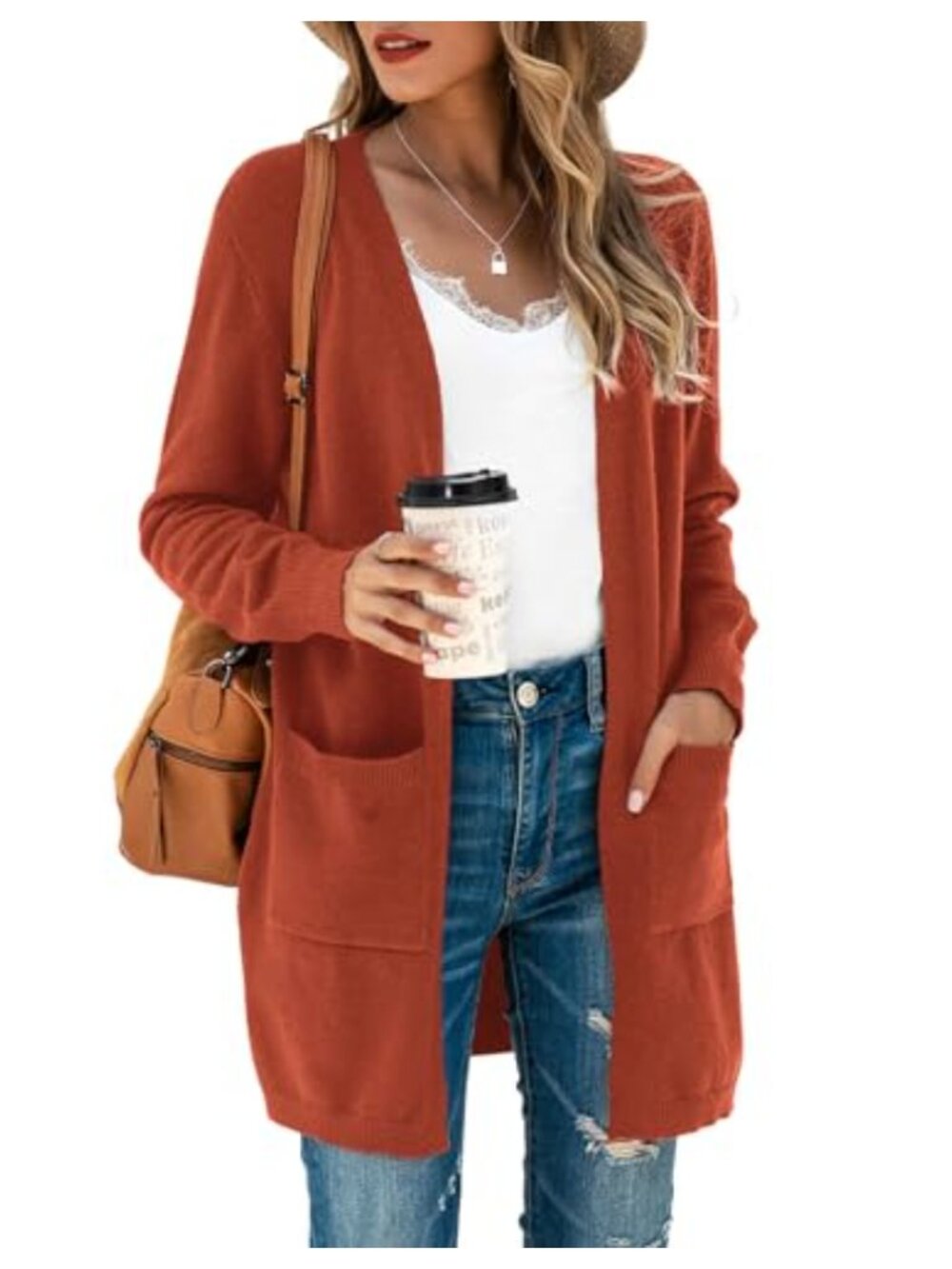 Womens Open Front Cardigan with Pockets Side Split Casual Knit Sweater